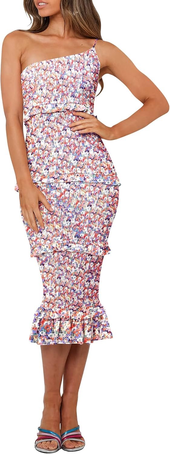 Saonta  Womens Floral Summer One Shoulder Strappy Tiered Ruffle Midi Bodycon Dresses