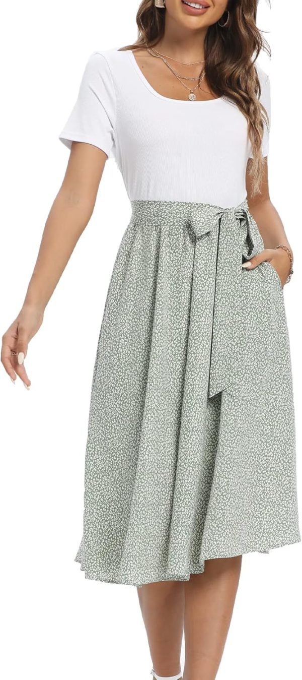 Saonta  Summer Dresses for Women 2024 Short Sleeve Elastic Waist Casual Dresses Ribbed Floral Work Midi Dress with Pockets