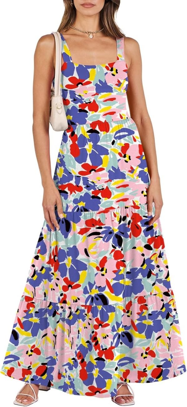 Saonta  Women's Summer Casual Long Maxi Beach Vacation Dresses Sleeveless Square Neck Flowy Tiered Sun Dress with Pockets