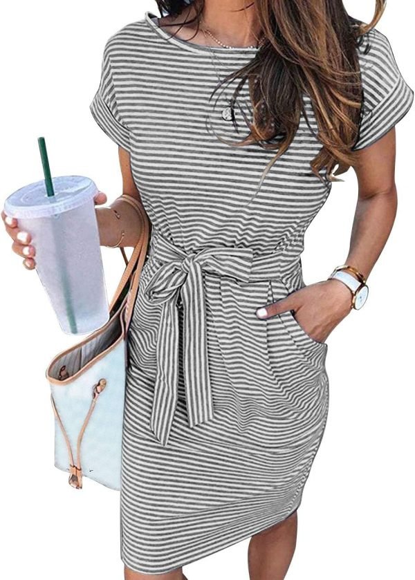 Saonta  Women's Summer Striped Short Sleeve T Shirt Dress Casual Tie Waist with Pockets