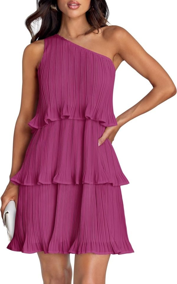 Saonta Women's 2024 Summer Sleeveless Mini Dress Boho One Shoulder Ruffle Tiered Layered Chiffon Flowy A Line Dresses