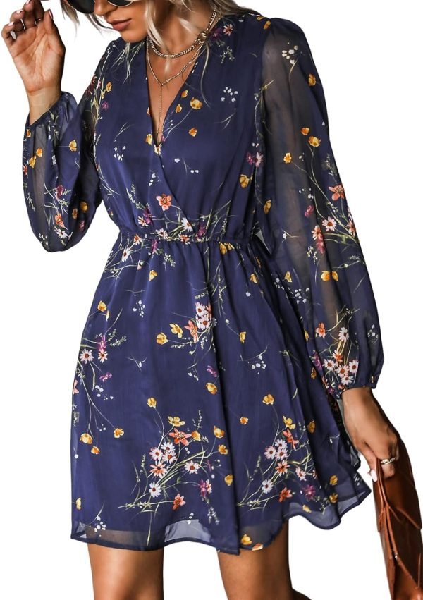 Saonta  Women's Floral Print Chiffon A-Line Mini Dress Long Peasant Sleeves