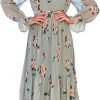 Saonta  Women's Floral Midi Dress Puff Long Sleeve Casual Ruffle Chiffon A-Line Swing Pleated Belted Tea Party Dresses