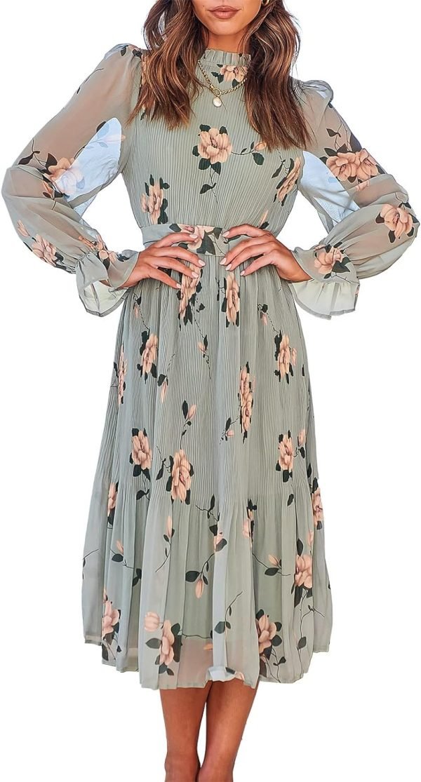 Saonta  Women's Floral Midi Dress Puff Long Sleeve Casual Ruffle Chiffon A-Line Swing Pleated Belted Tea Party Dresses