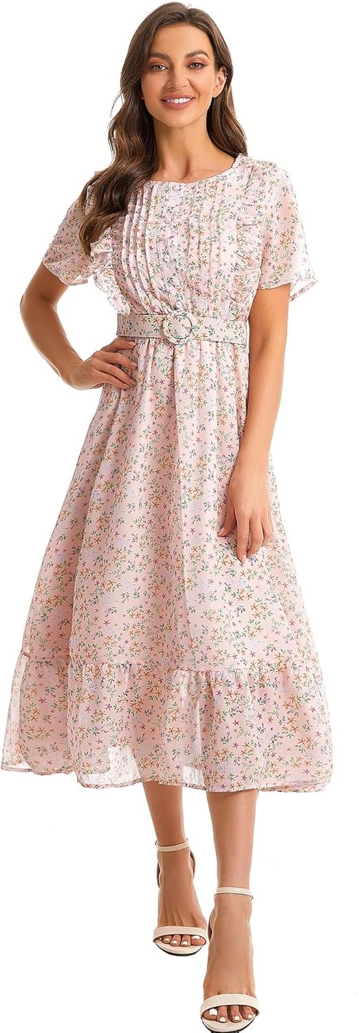 Saonta  Women's Short Sleeve Button Up Ruffle Chiffon Floral Midi Swing Dress with Belt