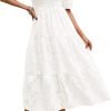 Saonta  Women's 2024 Summer Puff Sleeve Smocked Floral Dress Crewneck Lace Flowy Tiered Midi Dresses