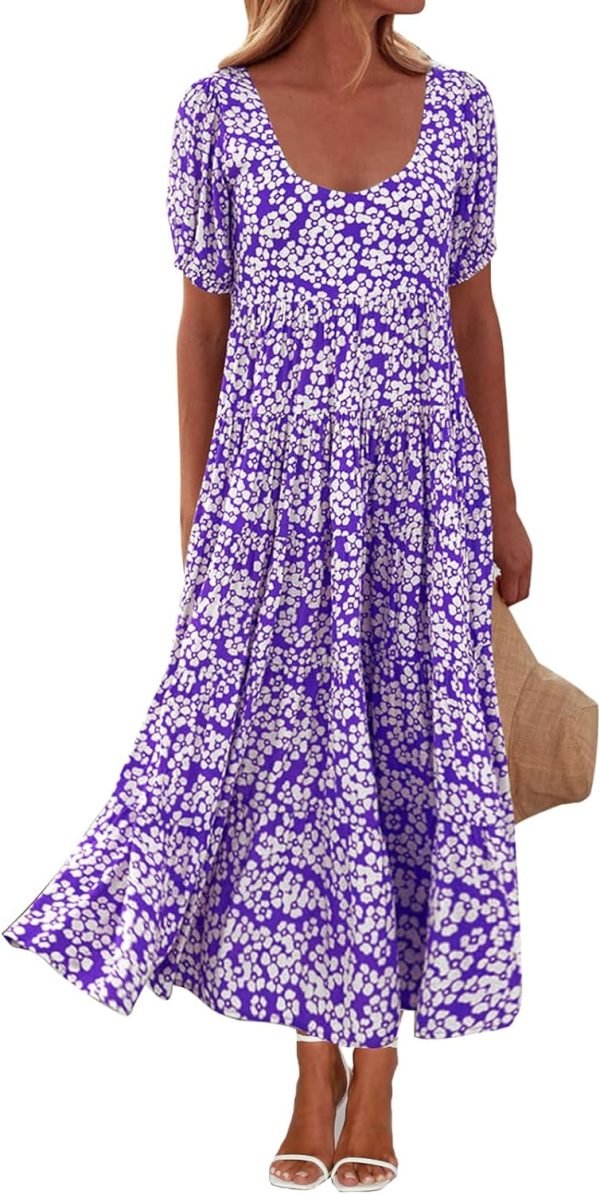 Saonta  Womens Dresses 2024 Puff Sleeve Floral Casual Summer Dresses Smocked Backless Beach Flowy Tiered Maxi Dress