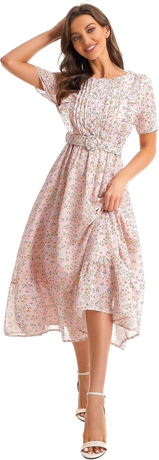 Saonta  Women's Short Sleeve Button Up Ruffle Chiffon Floral Midi Swing Dress with Belt
