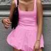 Saonta Women's 2024 Summer Mini Dress Tank Sleeveless Square Neck Solid Color Puffy Beach Short Dresses Sundress
