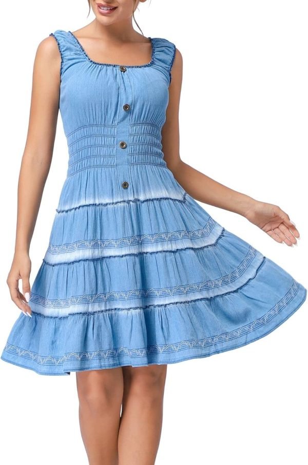 Saonta  Women's Maxi Dress Sleeveless Denim Long Summer A-line Casual Blue Cotton Boho Flowy Sundresses for Women