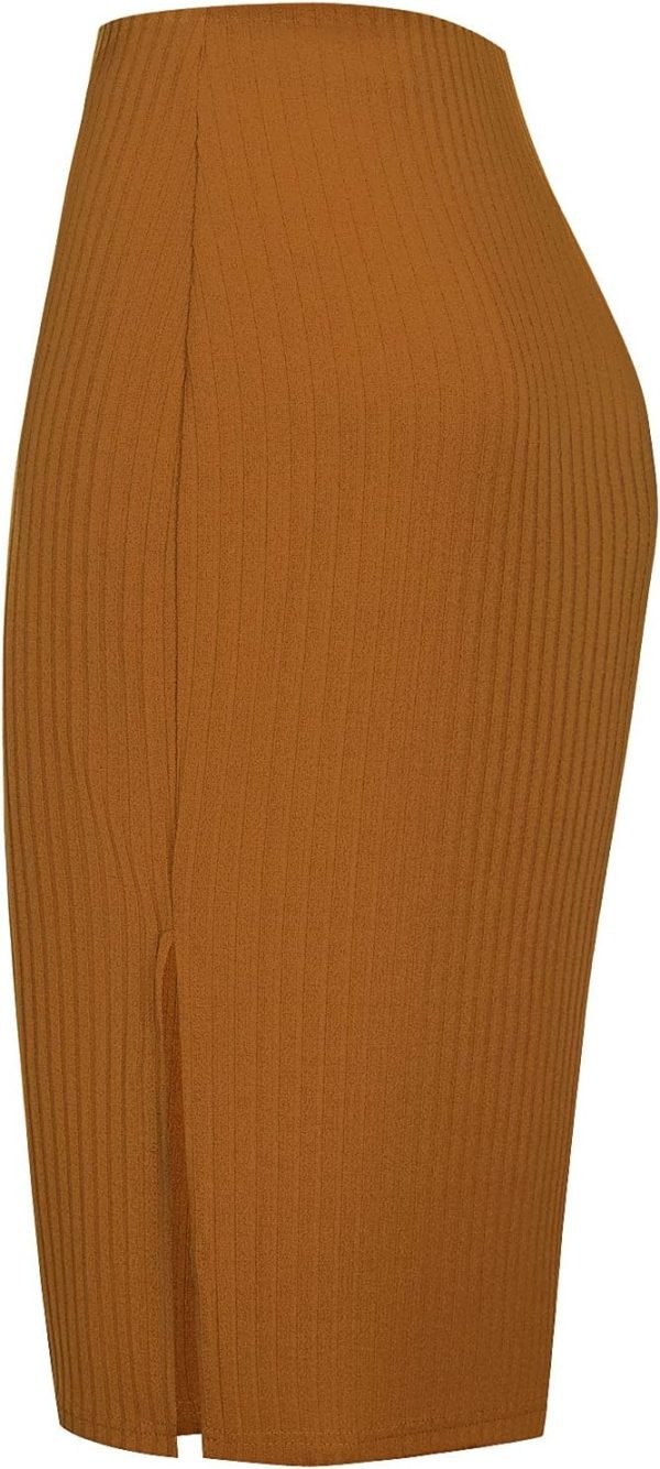 Saonta  Elastic High Waist Knee Length Pencil Skirt Ribbed Knit Basic Tube Midi Skirt