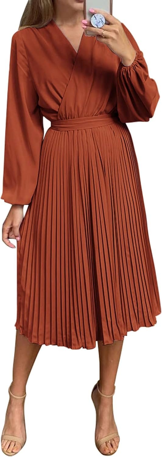 Saonta  Womens V Neck Flowy Ruffle Pleated Casual Fall Dress