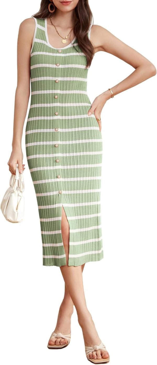 Saonta  Womens 2024 Summer Striped Dress Sleeveless Knitted Midi Bodycon Dresses Tank Ribbed Sweater Beach Dress