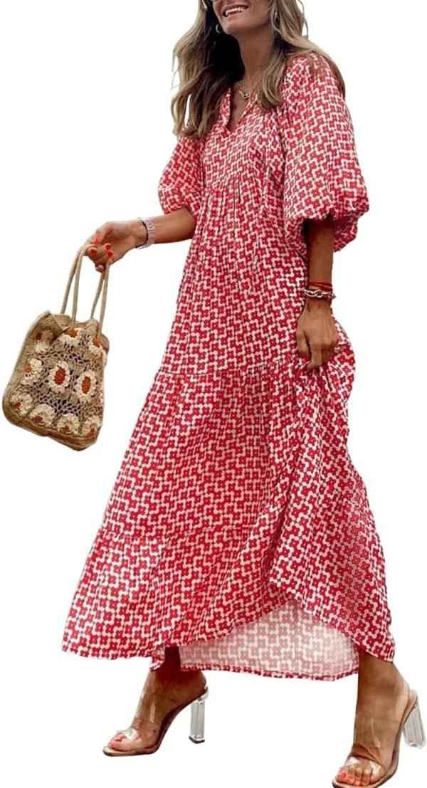 Saonta  Womens Loose Fit Casual Summer V Neck Half Sleeve Bohemian Geometric Pattern Maxi Long Dresses