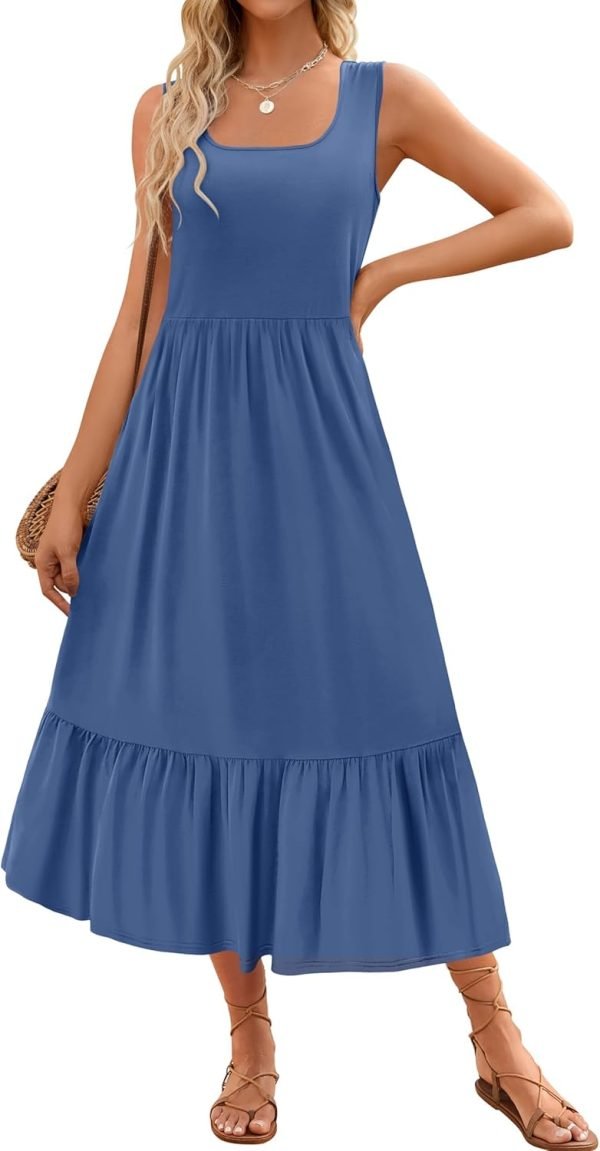 Saonta Women's 2024 Summer Sleeveless Dress Square Neck Pleated Swing Casual Maxi Dresses with Pockets