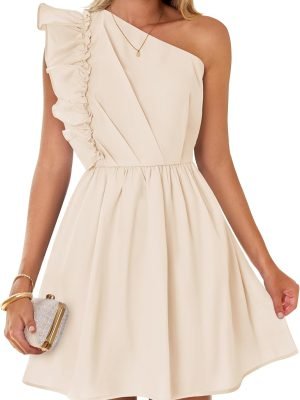 Saonta Women's Summer One Shoulder Ruffle Dress 2024 Boho Sleeveless Elastic High Waist Swing Mini Dresses