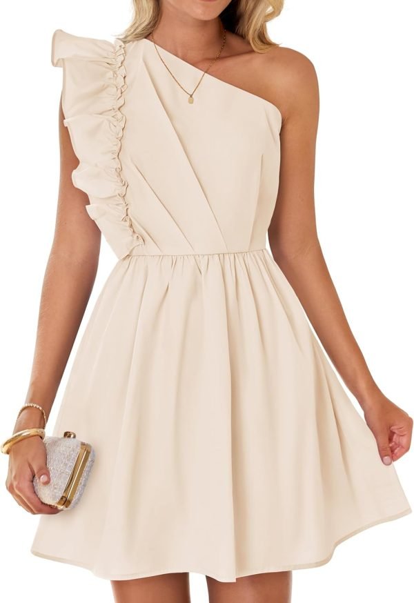 Saonta Women's Summer One Shoulder Ruffle Dress 2024 Boho Sleeveless Elastic High Waist Swing Mini Dresses