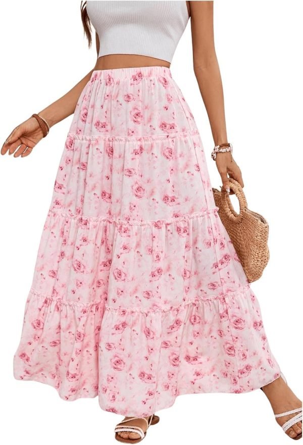 Saonta  Women's Floral Print Elastic High Waist Pleated Ruffle Flowy Long Skirts