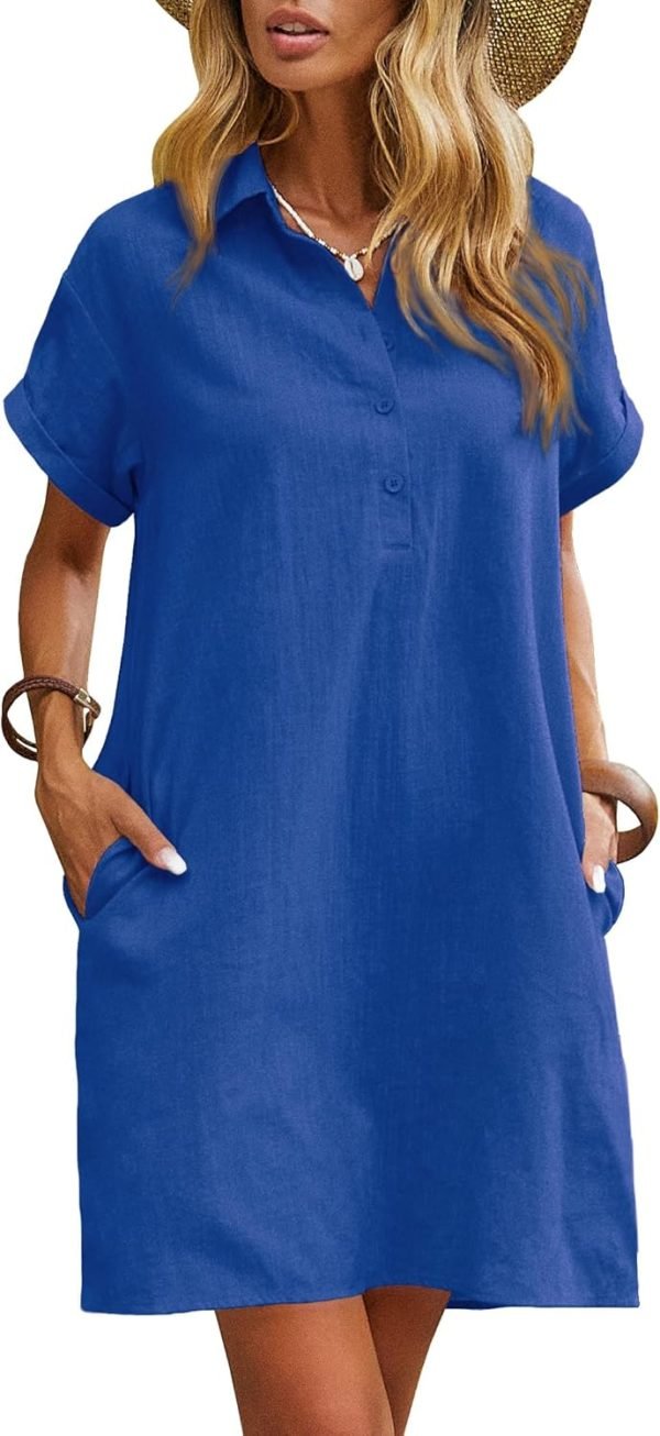 Saonta  Womens Cotton Shirt Dress Summer Casual Short Sleeve Button Down Beach Cover Up Shirts with Pockets