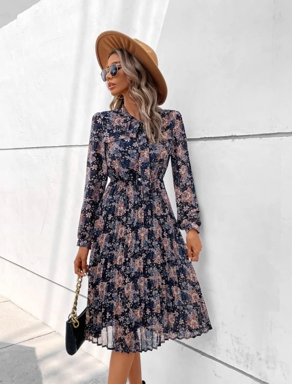 Saonta  Work Dresses for Women 2023 Long Sleeves Chiffon Black Dress Retro Pleated Buttons Down Bow Tie Loose Causal Dresses