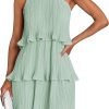 Saonta Women's 2024 Summer Sleeveless Mini Dress Boho One Shoulder Ruffle Tiered Layered Chiffon Flowy A Line Dresses