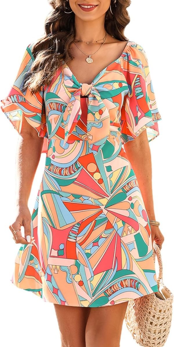 Saonta  Womens Dresses 2024 Spring Summer Deep V Neck Elegant Bow tie Mini Dress S-XL