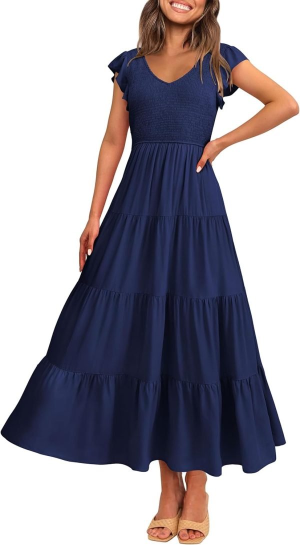 Saonta  Womens Cap Sleeve V Neck Smocked Beach Sundress