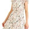 Saonta  K Women's Floral Chiffon Flutter Sleeve Belted Square Neck Ruffled Hem Dress