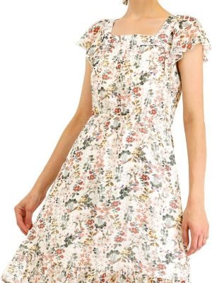 71FSXxhZ_KL._AC_SL1447 Saonta K Women's Floral Chiffon Flutter Sleeve Belted Square Neck Ruffled Hem Dress