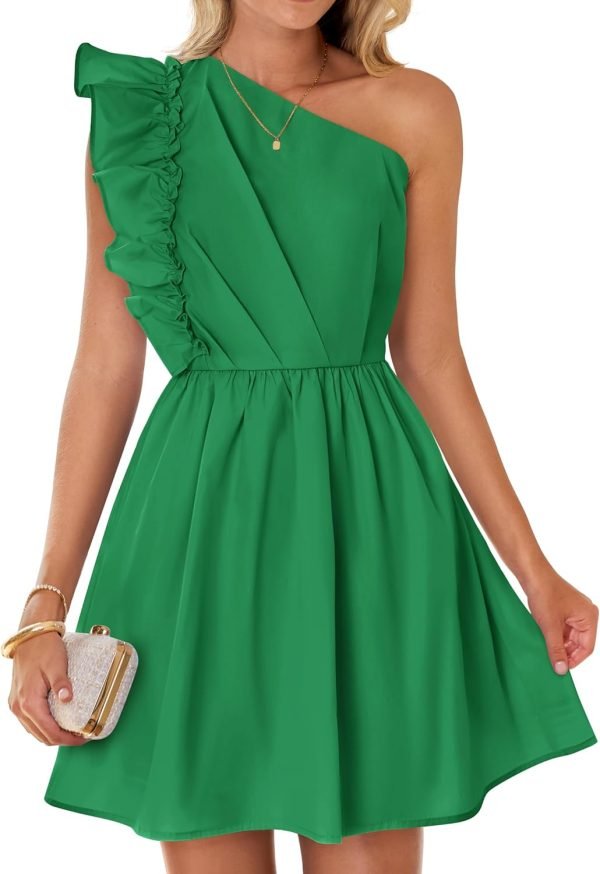 Saonta Women's Summer One Shoulder Ruffle Dress 2024 Boho Sleeveless Elastic High Waist Swing Mini Dresses