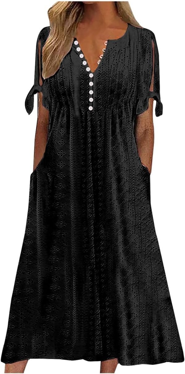 Womens Bohemian Maxi Long Dress Trendy Boho Dresses V Neck Beach Vacation Dress Casual Beachy Outfits with Pockets