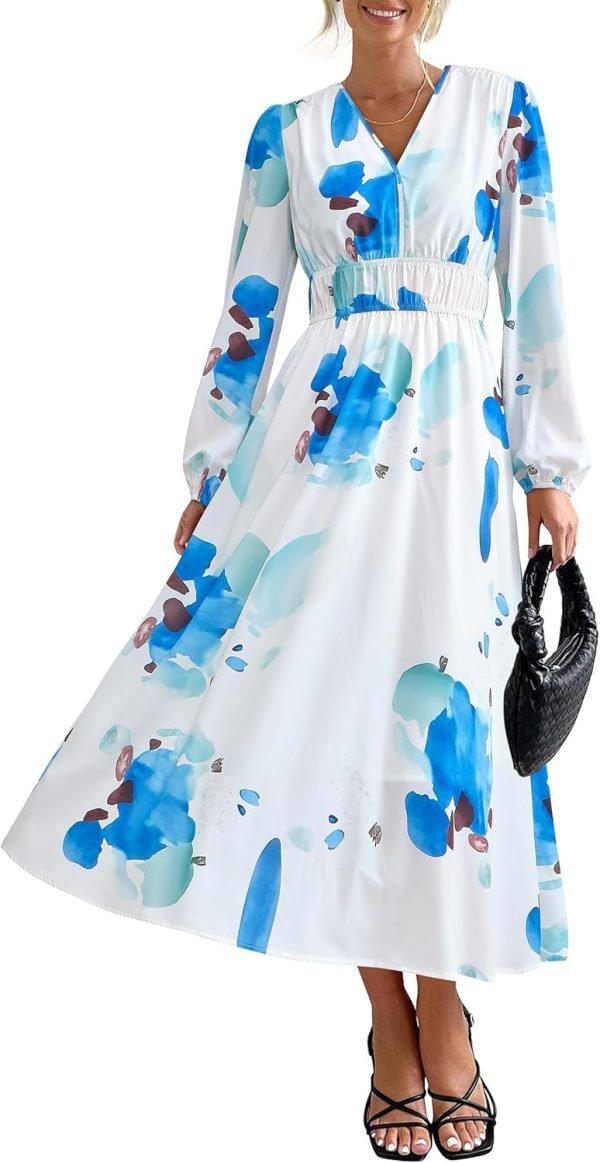 Saonta  Women's 2024 Fall Boho Maxi Dress Casual Long Sleeve V Neck Printed Beach Long Flowy Dresses