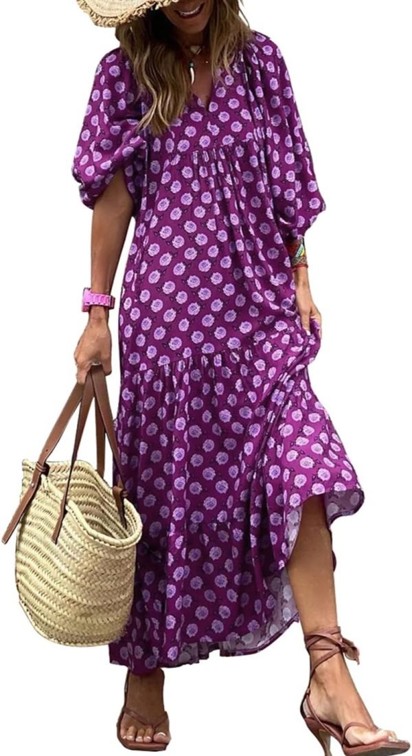 Saonta  Womens Loose Fit Casual Summer V Neck Half Sleeve Bohemian Geometric Pattern Maxi Long Dresses