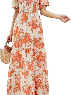Saonta Women's 2024 Summer Casual Floral Print Short Flutter Sleeve Crew Neck Smocked High Waist Flowy Maxi Dress
