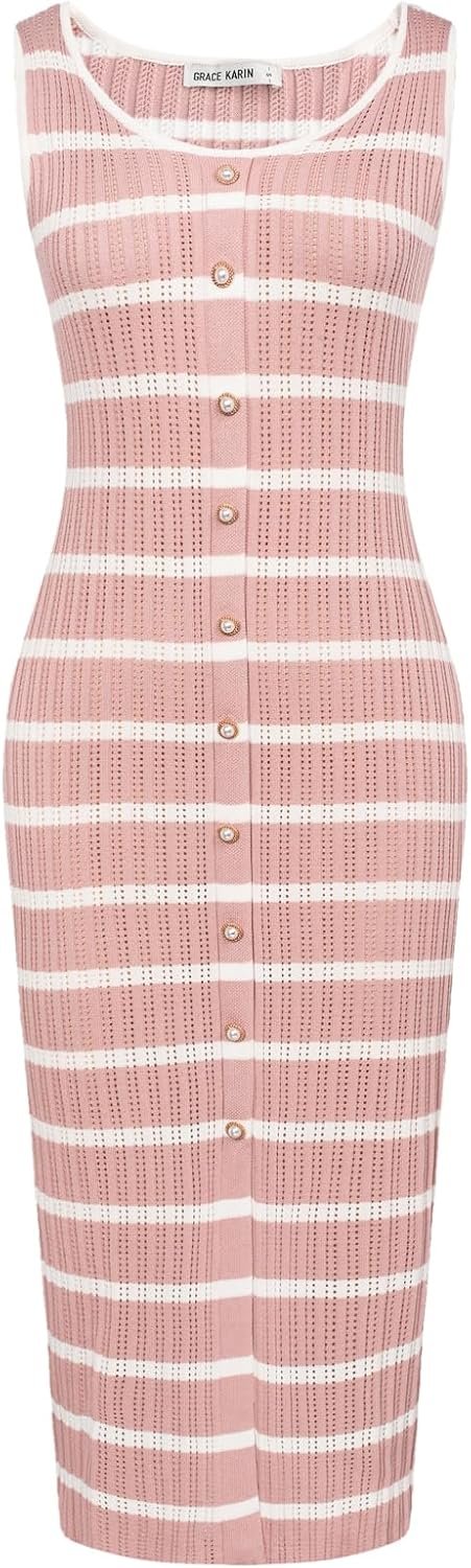 Saonta  Womens 2024 Summer Striped Dress Sleeveless Knitted Midi Bodycon Dresses Tank Ribbed Sweater Beach Dress