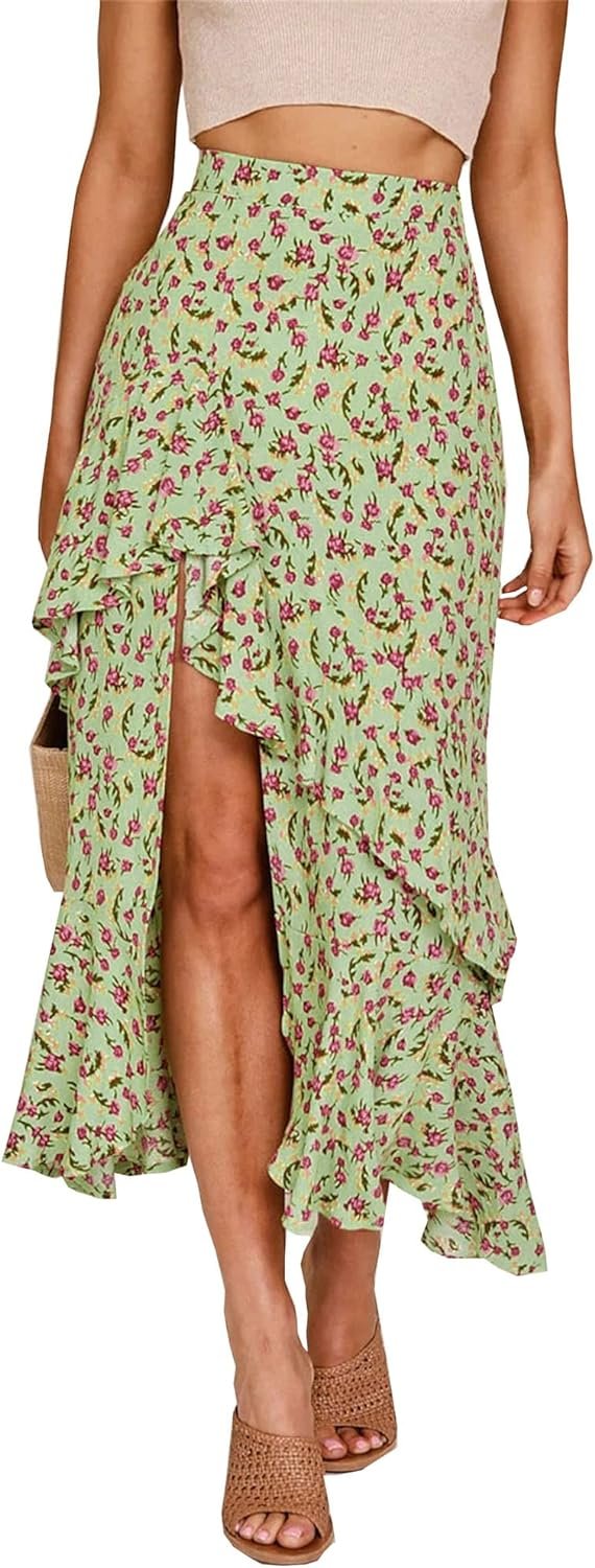 71GqOR3URGL._AC_SL1500 Saonta Women 2024 Summer Spring Boho Long Skirts Dress Floral Print Elastic Waist Split Ruffle High Low Beach Maxi Skirt