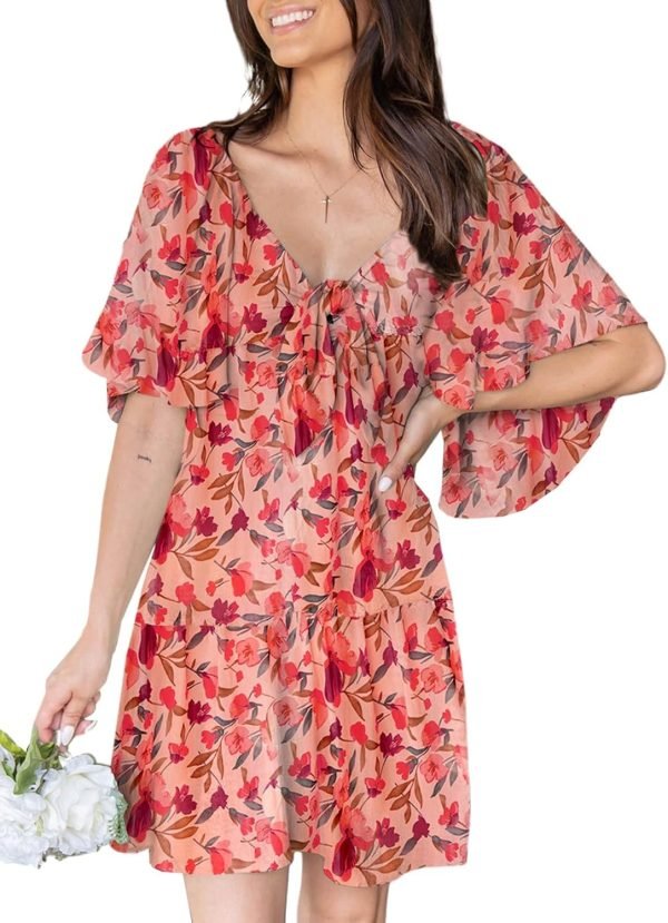 Saonta  Womens Dresses 2024 Spring Summer Deep V Neck Elegant Bow tie Mini Dress S-XL