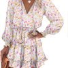 Saonta  Womens Summer Dresses 2024 Boho Floral Drawstring V Neck Smocked Long Sleeve Ruffle Tiered Chiffon Mini Short Dress