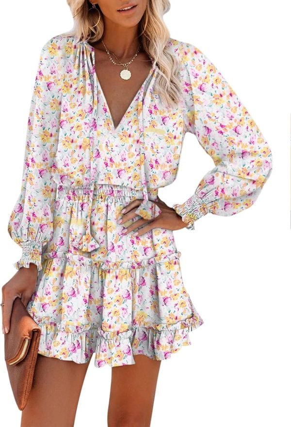 Saonta  Womens Summer Dresses 2024 Boho Floral Drawstring V Neck Smocked Long Sleeve Ruffle Tiered Chiffon Mini Short Dress