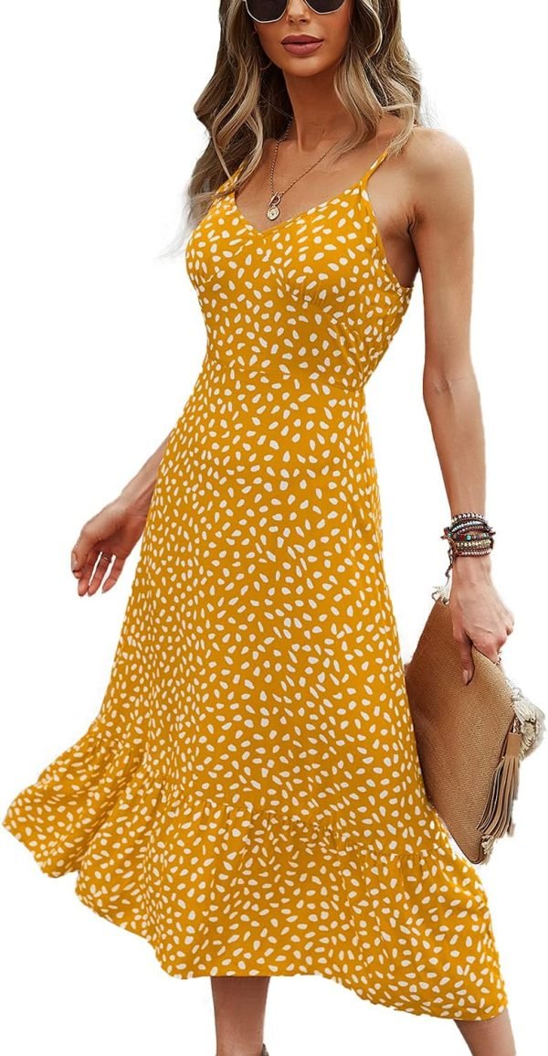 Saonta  Women's 2024 Summer Casual Boho Sundress Polka Dot Spaghetti Strap V Neck Flowy Midi Dresses