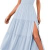 Saonta  Women's Summer One Shoulder Sleeveless Knot Smocked Midi Dress Split Tiered Flowy Dresses