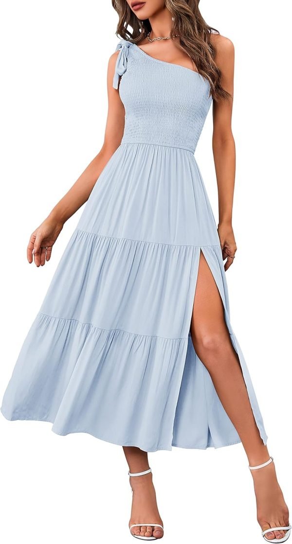 Saonta  Women's Summer One Shoulder Sleeveless Knot Smocked Midi Dress Split Tiered Flowy Dresses