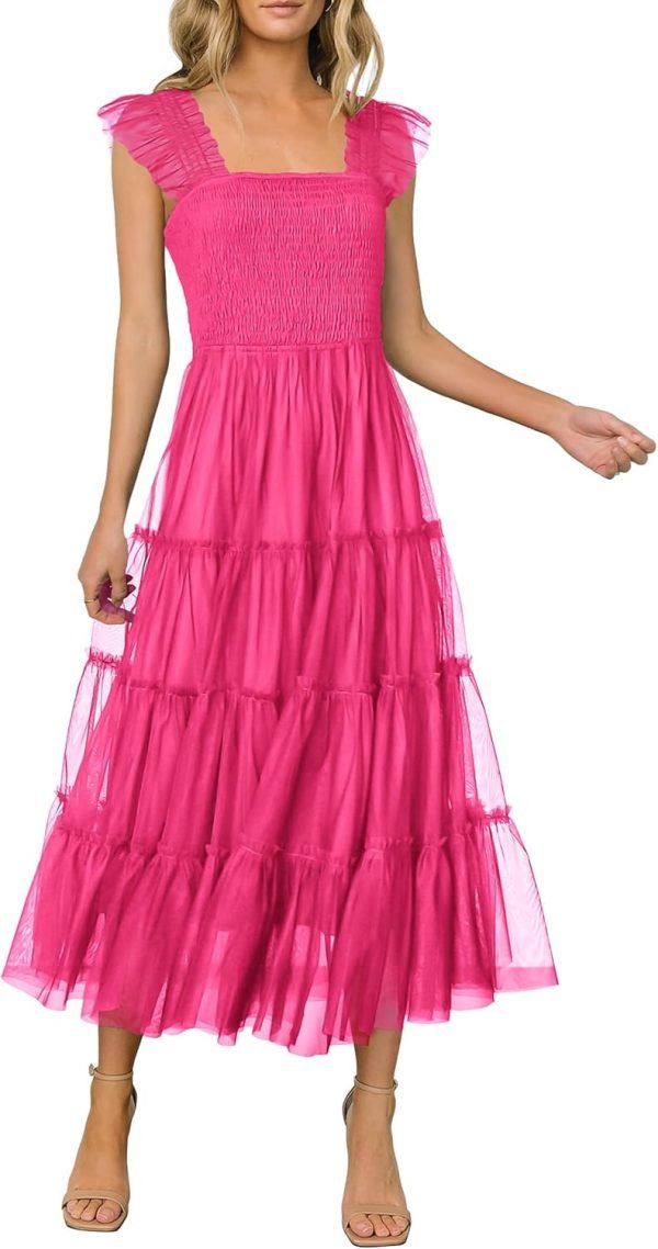 Saonta  Womens 2024 Summer Casual Sleeveless Smocked Ruffle Tulle Flowy Beach Sundress