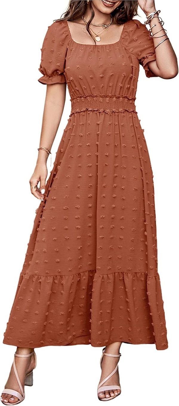 Saonta  Womens 2024 Puff Short Sleeve Square Neck Swiss Dot Smocked Waist Ruffle Hem Tiered Long Dress