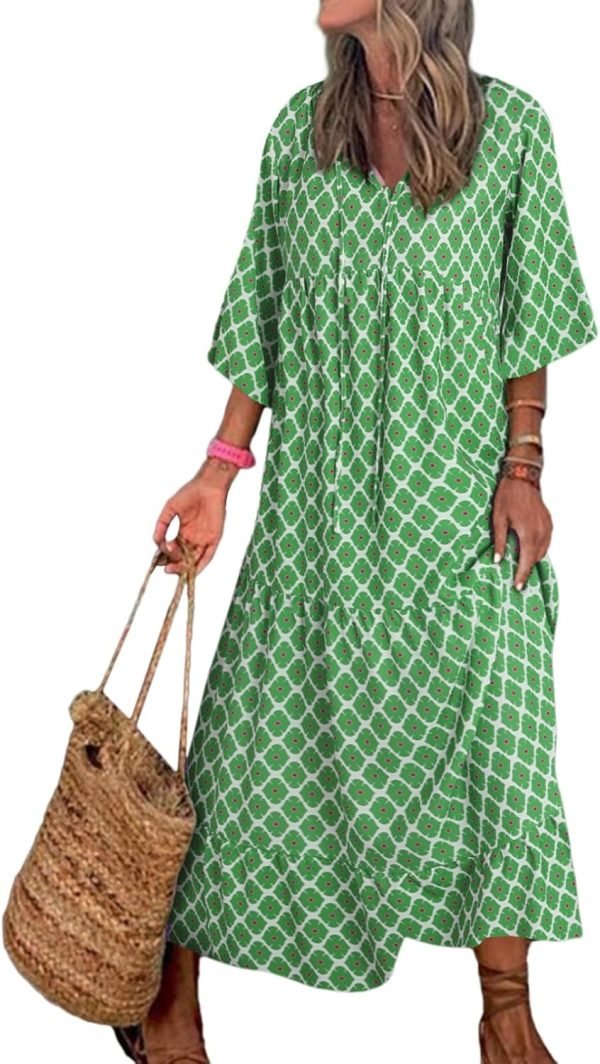 Saonta  Women Boho Maxi Dresses 2024 V Neck Long Puff Sleeve Smocked Ruffle Flowy Casual Dress