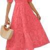Saonta Women's 2024 Summer Short Puff Sleeve Crewneck Smocked Floral Lace Flowy A Line Tiered Maxi Dresses