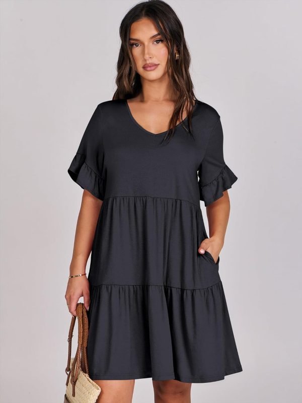 Saonta  Women's 2024 Summer Trendy V Neck Ruffle Short Sleeve A Line Tiered Flowy Casual Mini Beach Dress with Pockets