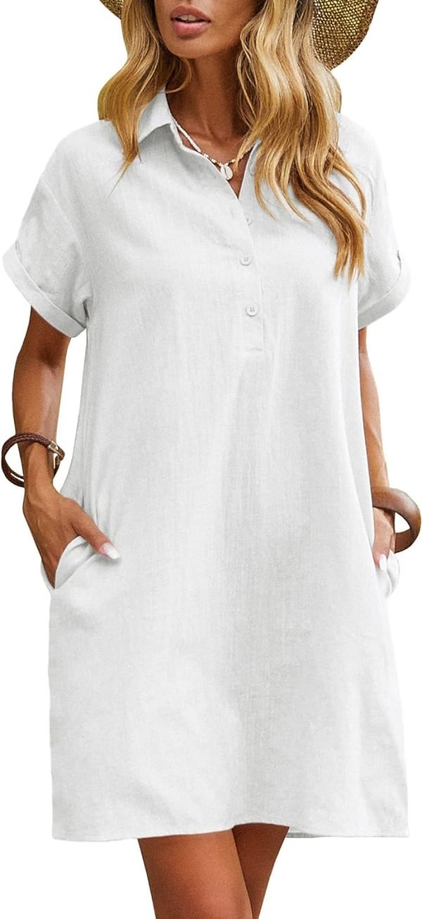 Saonta  Womens Cotton Shirt Dress Summer Casual Short Sleeve Button Down Beach Cover Up Shirts with Pockets