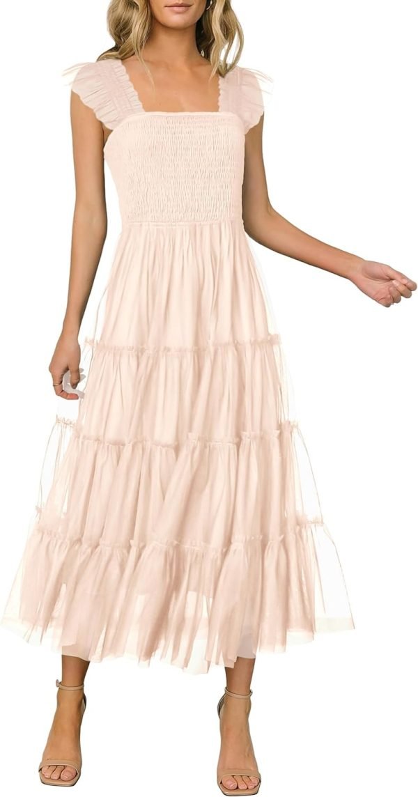 Saonta  Womens 2024 Summer Casual Sleeveless Smocked Ruffle Tulle Flowy Beach Sundress