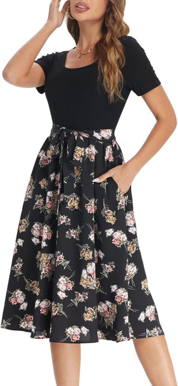 Saonta  Summer Dresses for Women 2024 Short Sleeve Elastic Waist Casual Dresses Ribbed Floral Work Midi Dress with Pockets